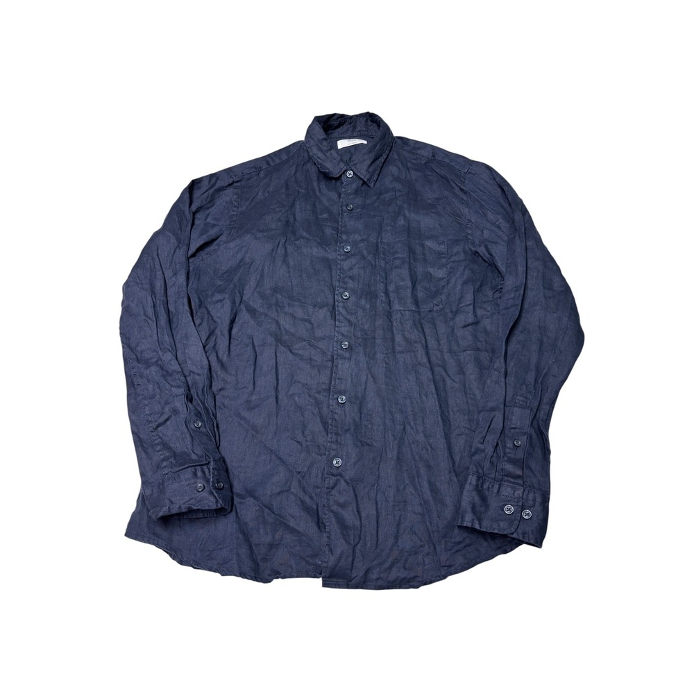 Uniqlo Mens Navy Blue 100% Linen Long Sleeve Button Down Shirt Size M 404406
